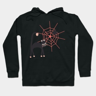 Spookily cute cats, spiders and cobwebs for Halloween in watermelon pink and darkest charcoal Hoodie